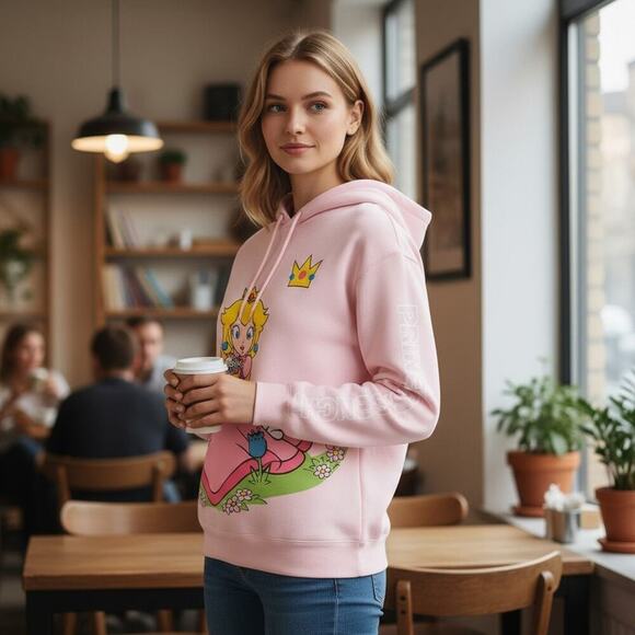 NEW Official Nintendo Princess Peach Pink Hoodie - Gamer Girl S - XL – Soft Pink - Picture 11 of 11